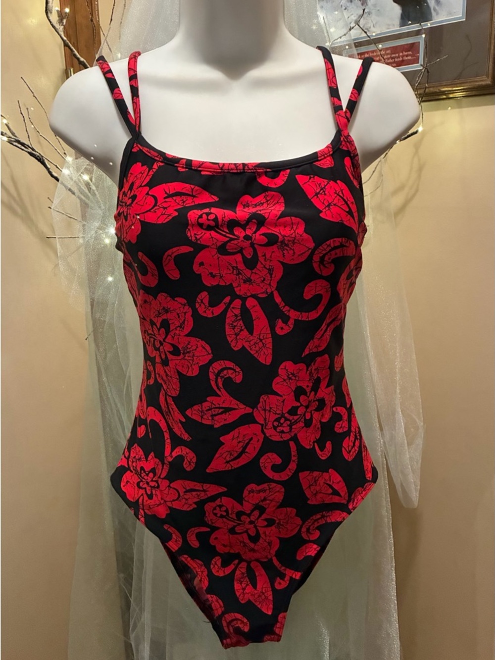 Super Sexy One-Piece  Swimsuit with Red Floral Print